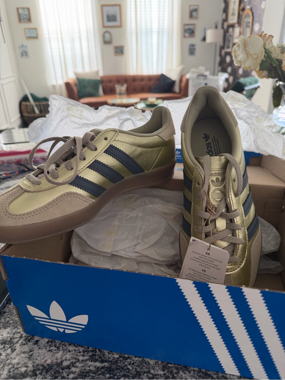 adidas women’s Samba Metallic Gold with Black Stripes